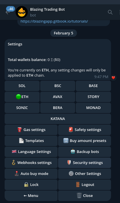 Blazing Bot Telegram settings showing 11-chain support
