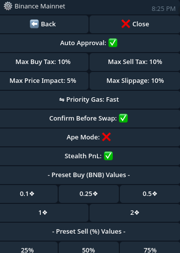 Shuriken BSC settings panel showing Max Tax, Slippage, and Ape Mode controls