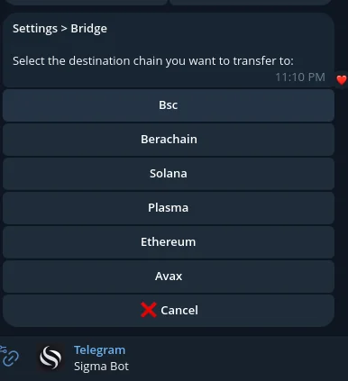 Sigma Bot chain settings and built-in bridge